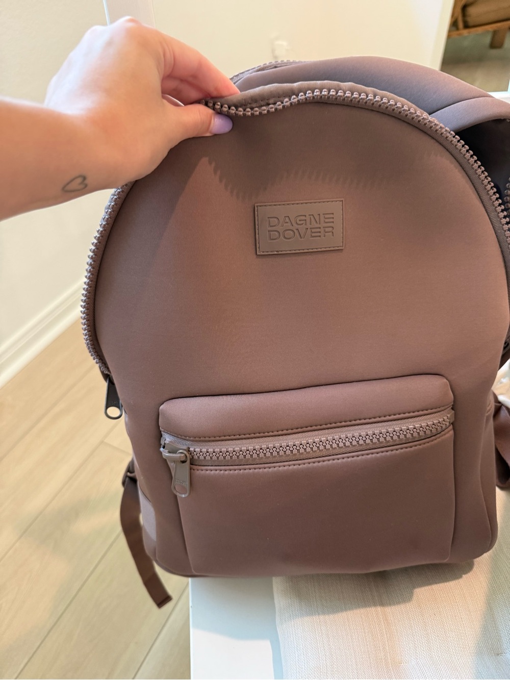 Dagne Dover Taupe Logo Patch Backpack